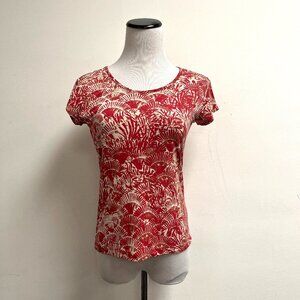 Sigrid Olsen collection silk top fan print short sleeve coral red cream S
